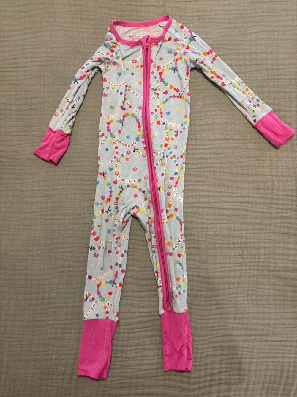 Little Sleepies Friendship Bracelet Print Footed Pajamas with Pink Trim